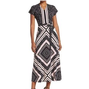 London Times Womens Black Pink V-Neck Short Flutter Sleeve Midi Dress Sz 10 NWT